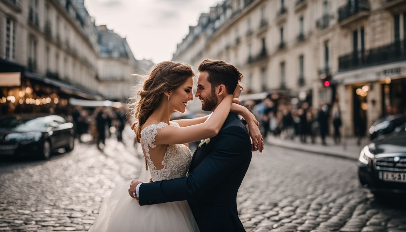 Un couple de jeunes mariés dansant dans les rues de Paris.