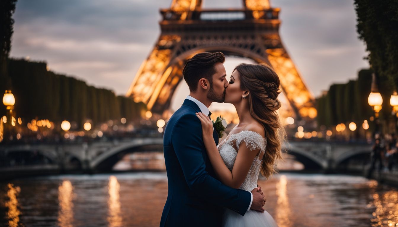 Un couple de jeunes mariés s'embrassant devant la Tour Eiffel au crépuscule.