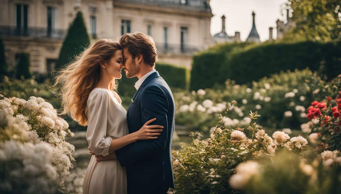 Un homme et une femme partagent un tendre moment dans un jardin parisien.