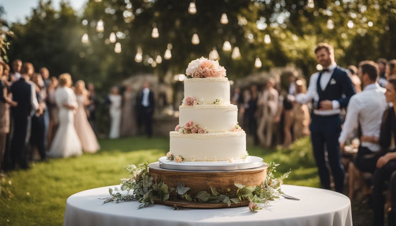 Un gâteau de mariage traditionnel français exposé dans un jardin en plein air à Paris. Un gâteau de mariage traditionnel français exposé dans un jardin en plein air à Paris.