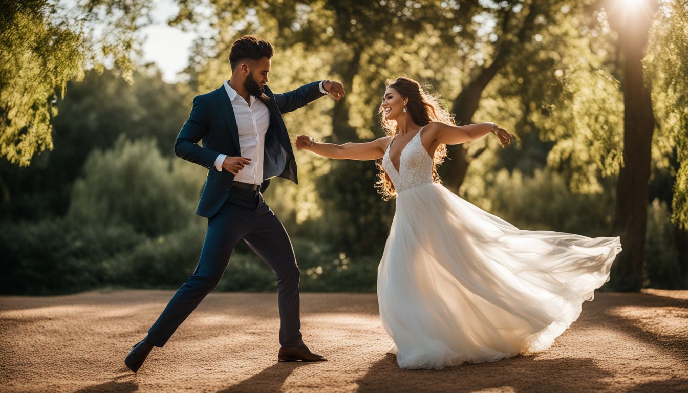 Un couple de jeunes mariés danse dans un parc ensoleillé.