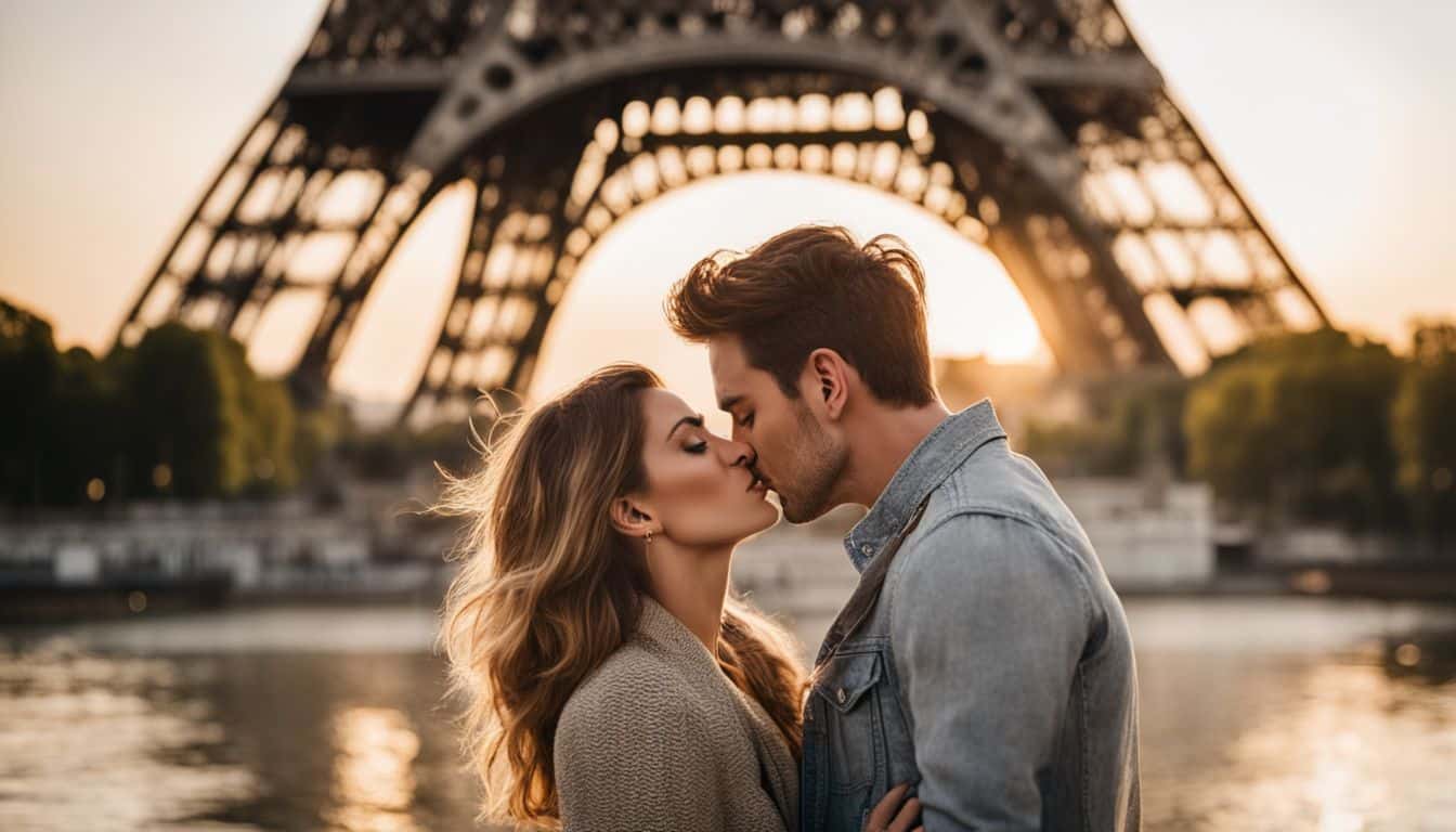 Un couple s'embrassant sous la Tour Eiffel au coucher du soleil. Un couple s'embrassant sous la Tour Eiffel au coucher du soleil.