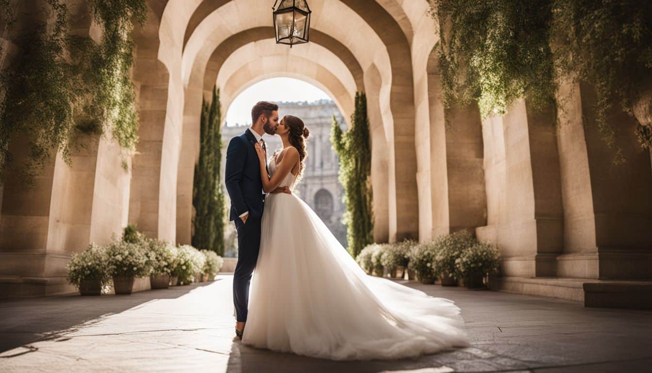 Un couple de mariés s'embrassant sous un arc architectural lors d'une séance photo de mariage.