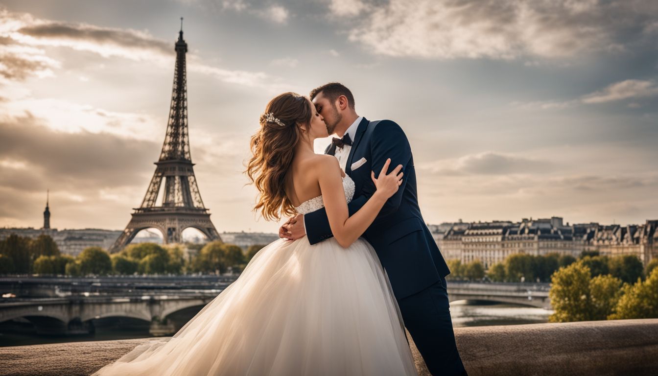 Une mariée et un marié élégants s'embrassent devant la Tour Eiffel.