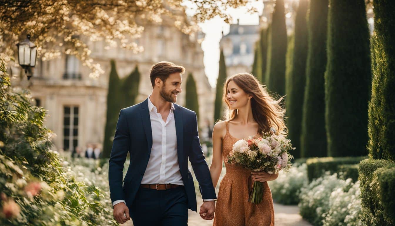 Un couple se promène main dans la main dans les jardins de Paris.
