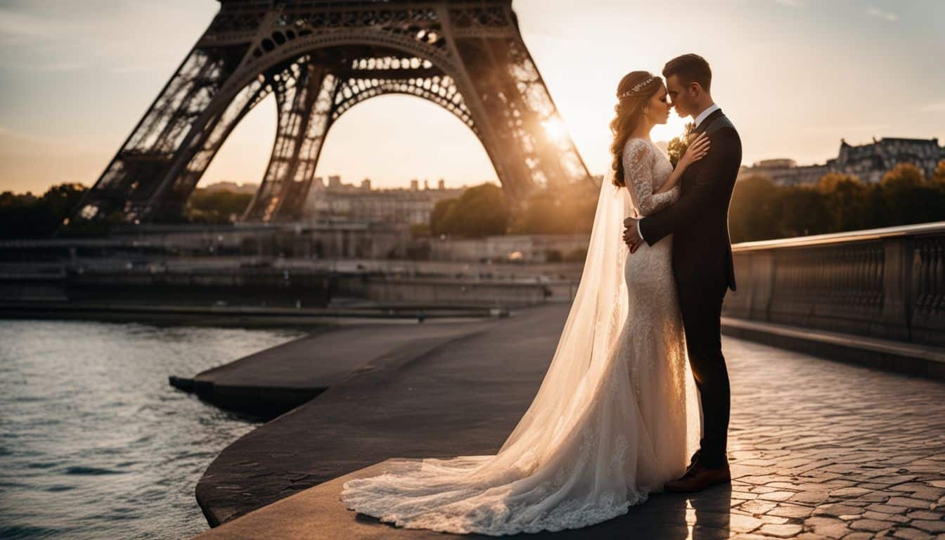 Un couple de jeunes mariés pose devant la tour Eiffel au coucher du soleil.