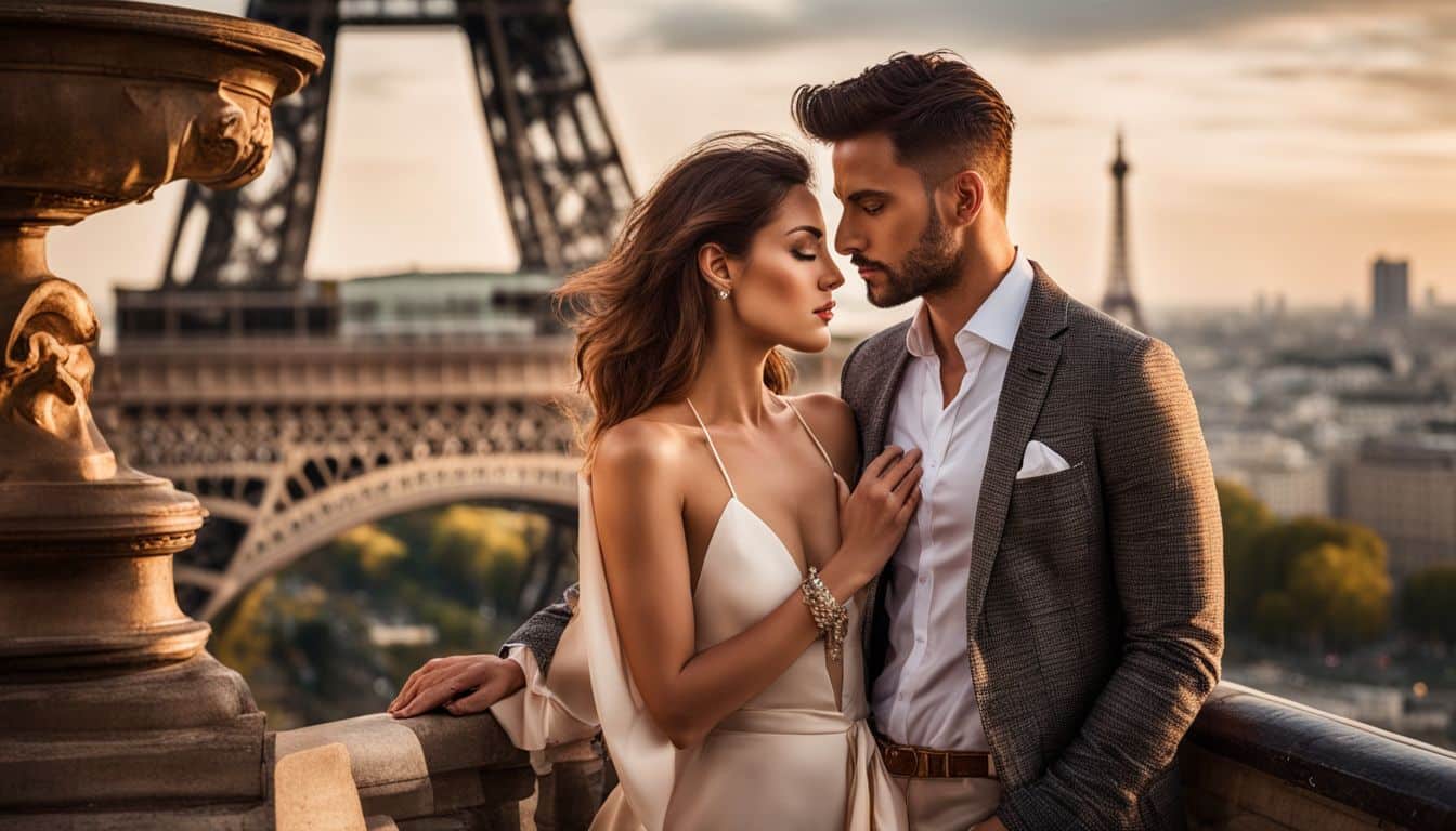 Un couple élégant devant la Tour Eiffel au coucher du soleil.