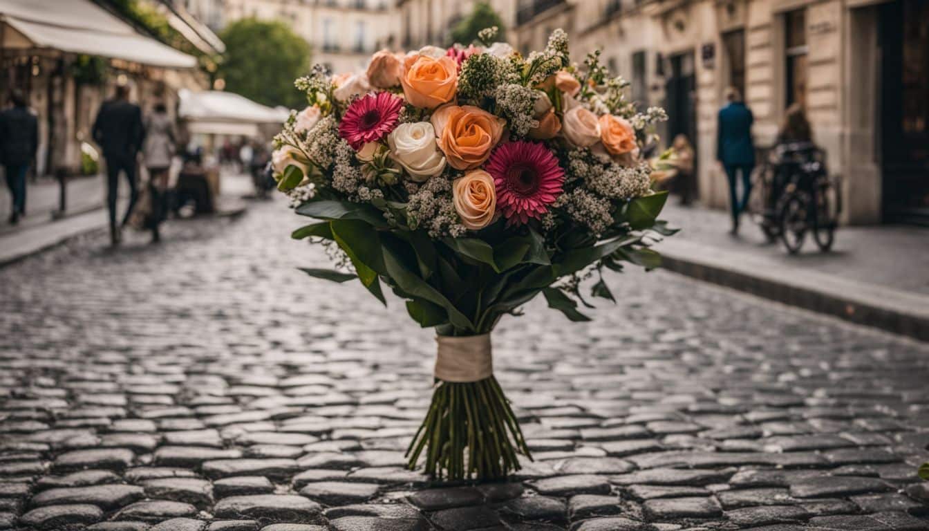 Un magnifique bouquet de fleurs sur une rue pavée animée à Paris.