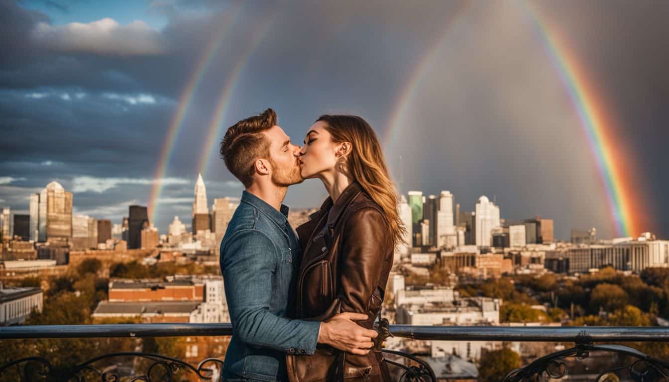 Un couple partage un baiser joyeux sous un arc-en-ciel. Un couple partage un baiser joyeux sous un arc-en-ciel.