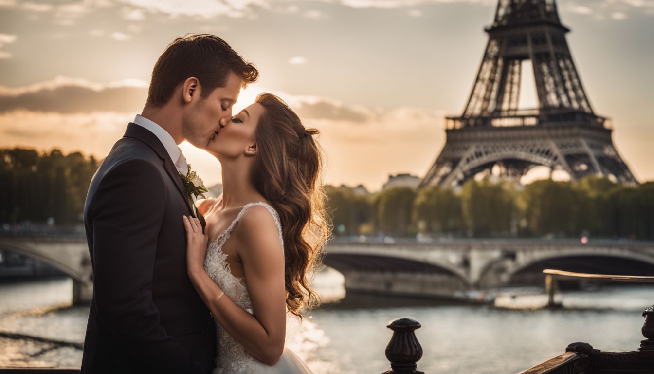 Un couple de jeunes mariés s'embrassant sous la tour Eiffel.