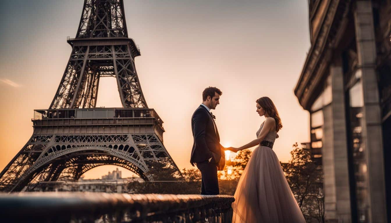 Un couple romantique sous la tour Eiffel au coucher du soleil.