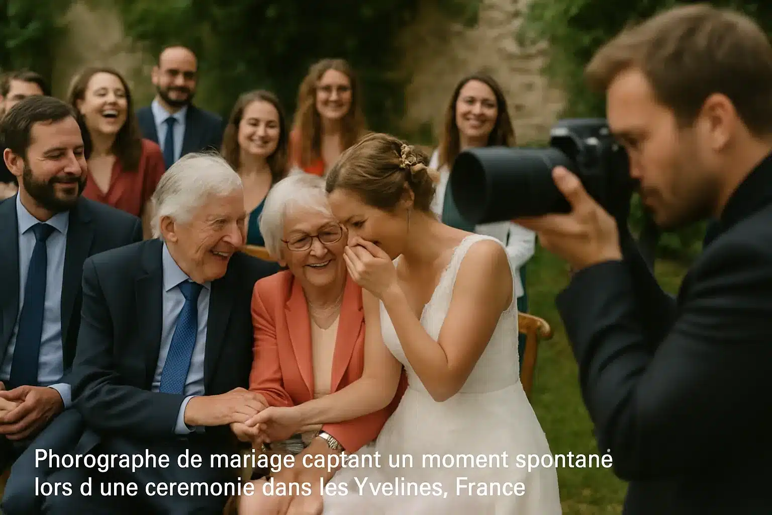 Un photographe capture une sc&egrave;ne de mariage spontan&eacute;e.